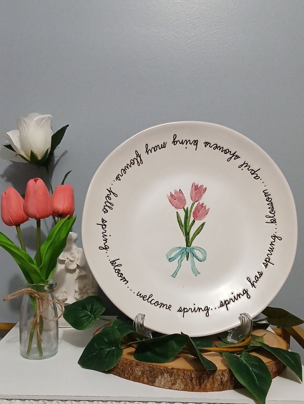 Rae Dunn Spring Tulip Decorative Serving Plate - White with Pink Tulips NWT